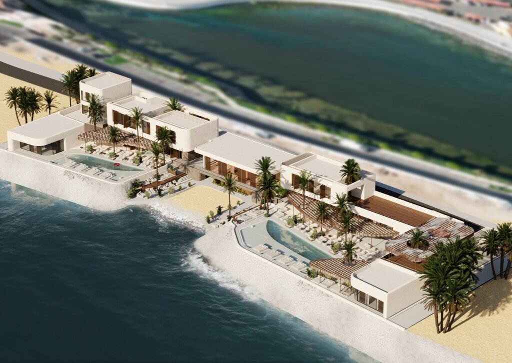 White façades with minimalist architectural design at Oia Downtown in NEOM