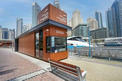 Modern marine transport waiting station in Dubai Marina, inspired by traditional maritime design.