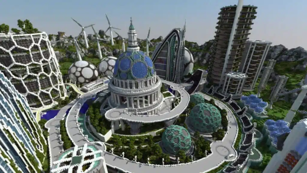 A large-scale city built entirely in Minecraft, showcasing detailed and imaginative architectural design.