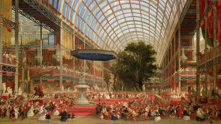 A historic image of the Crystal Palace fa&ccedil;ade in London, 1851, highlighting its glass and iron structure.
