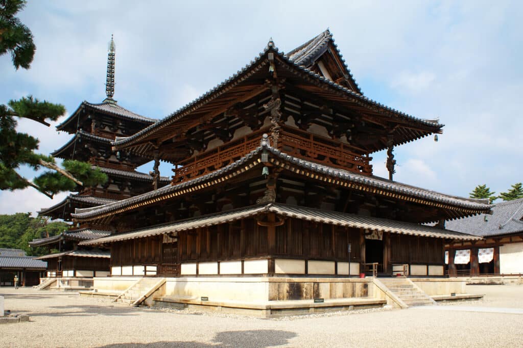 Traditional multi-tiered wooden pagoda at an ancient Japanese temple
