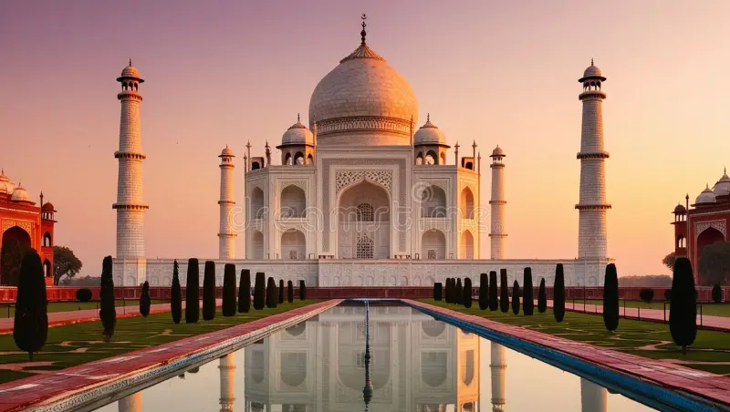 منظر لتاج محل من داخل أحد أروقته، حيث تتوهج القبة بلون ذهبي دافئ مع أضواء الغروب