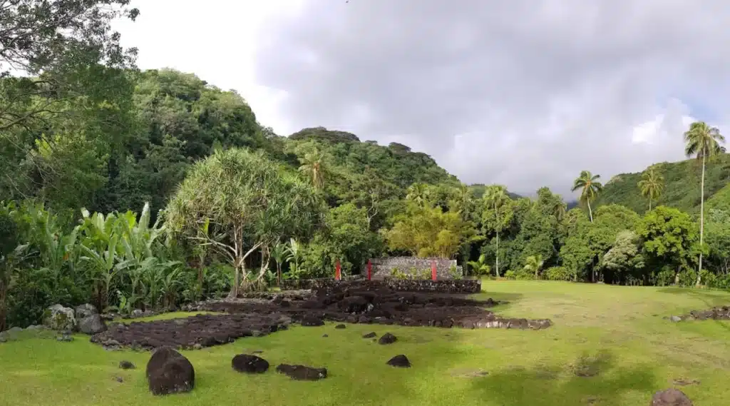 مراي تقليدي يقع وسط طبيعة خضراء في جزيرة تاهيتي، يُظهر تناغم البناء الروحي مع البيئة الطبيعية.