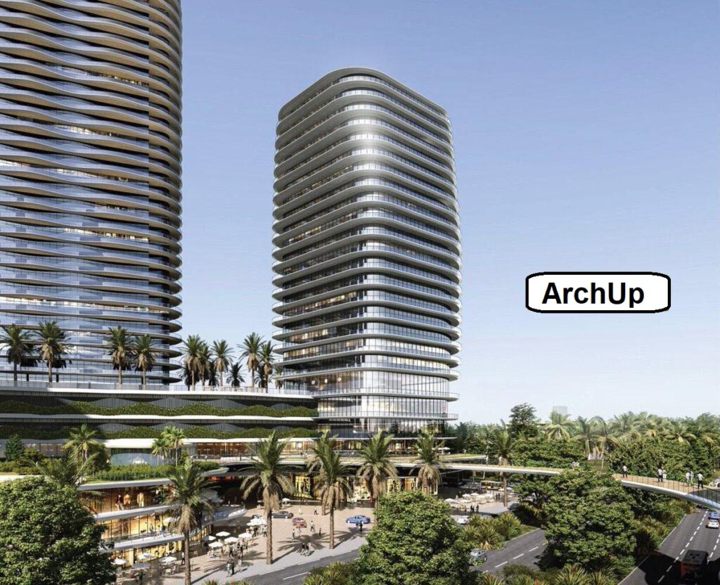 Close-up of the residential and office towers at the Ben Dawood project, highlighting the retail podium below