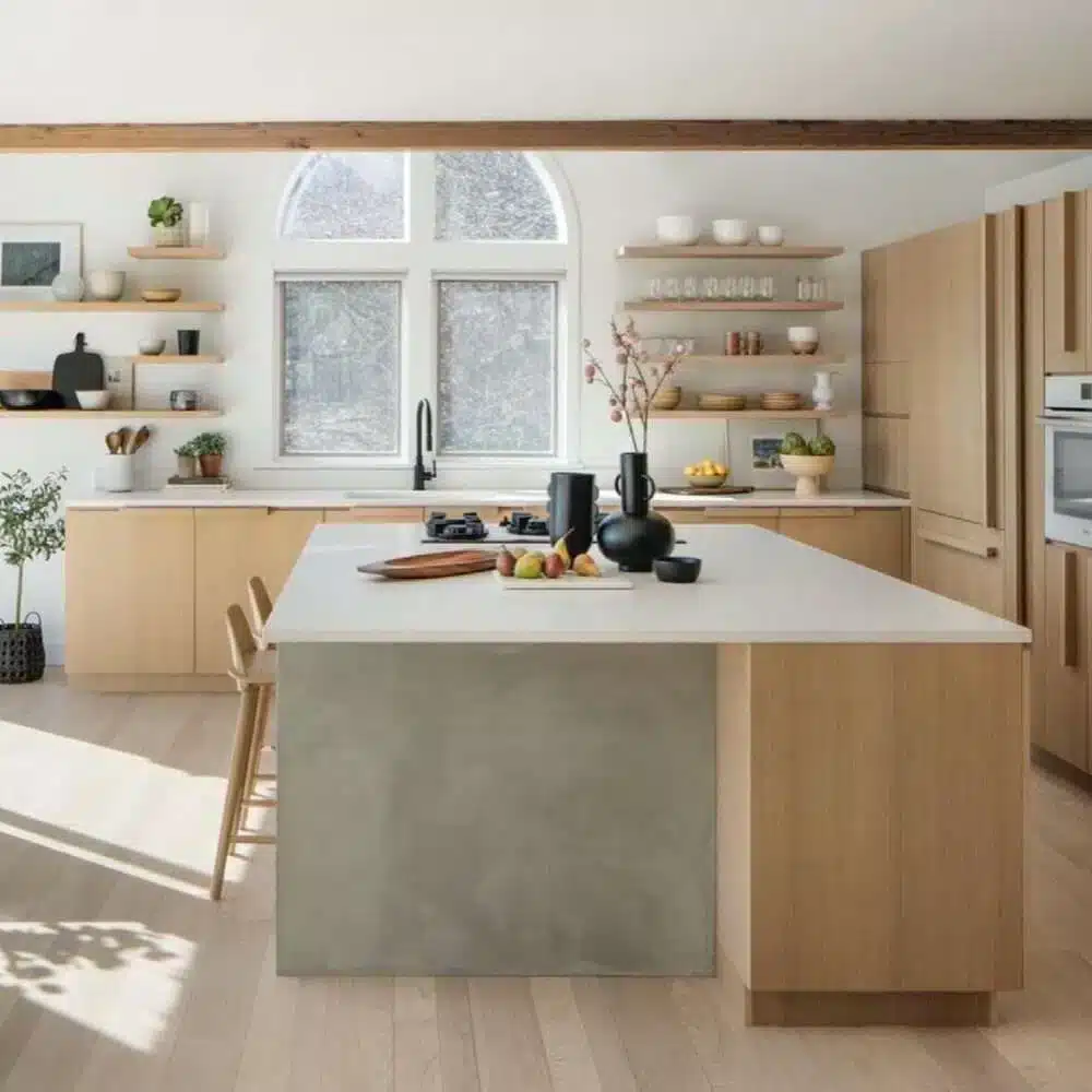 An open kitchen blending seamlessly into the living area, featuring dark cabinetry, a marble countertop, and stylish pendant lights over the island.