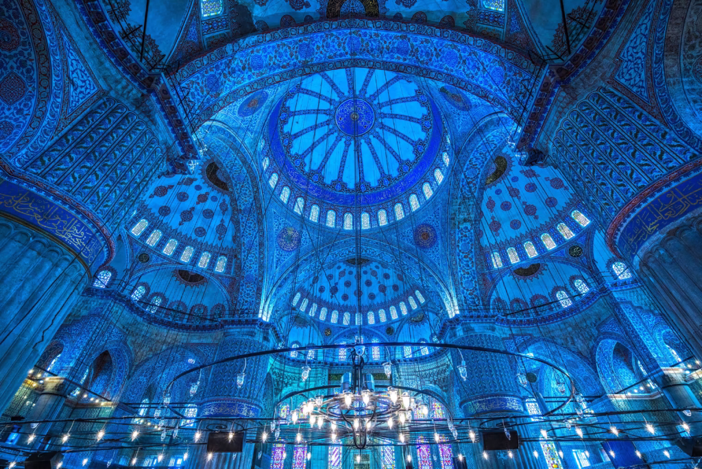 Close-up of blue Iznik tilework inside the Sultan Ahmed Mosque