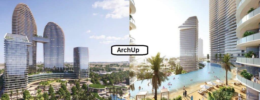 Aerial perspective of the Ben Dawood towers and an angled view of the beachfront infinity pool