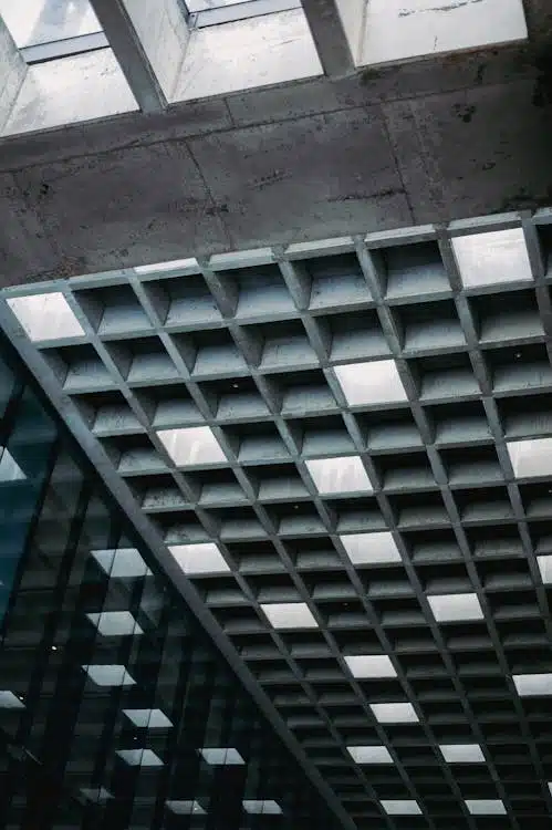 A white glass skylight grid allowing natural light to enter the interior space