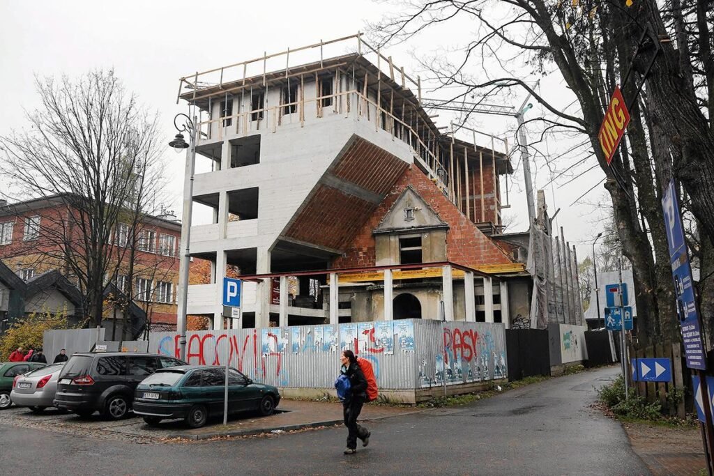 A building with illogical structure and awkward angles lacking a clear functional purpose