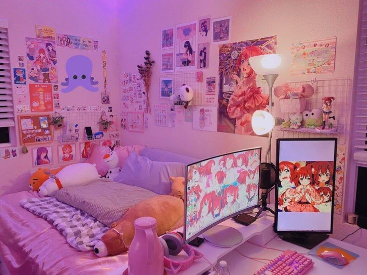 Anime-style bedroom with soft colors and wall art inspired by dreamy fantasy scenes