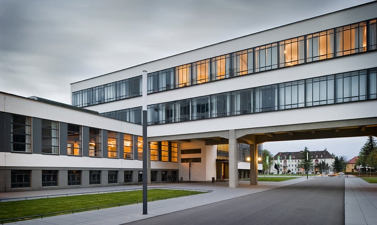 Full view of the Bauhaus building in Dessau showcasing the simplicity and clean geometry of the design.