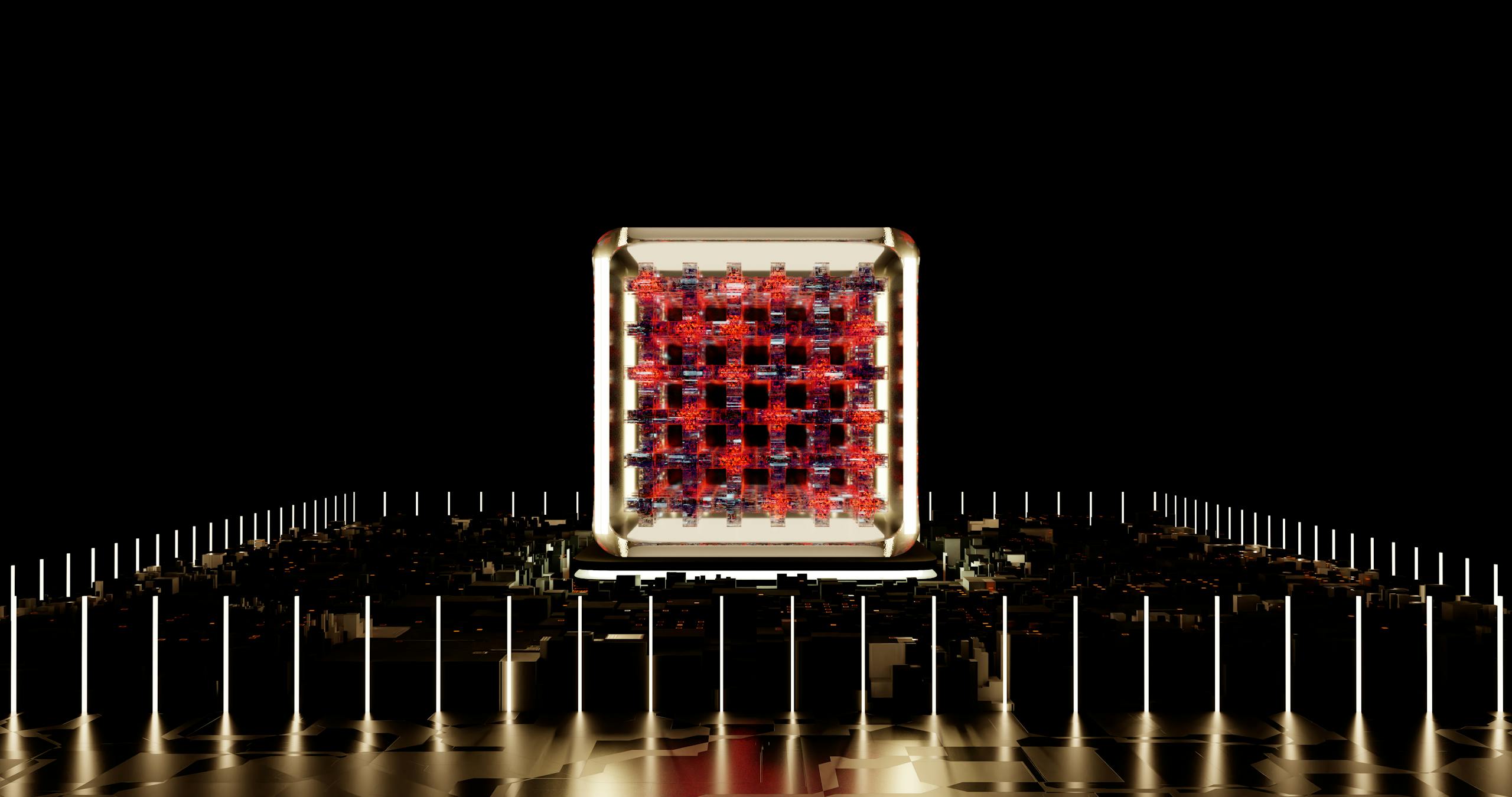 Abstract representation of a futuristic digital processor with glowing elements.