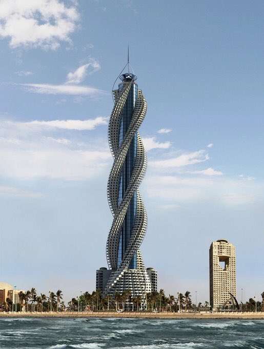 Front view of the spiral-shaped Al Masa Tower under construction on the Jeddah waterfront