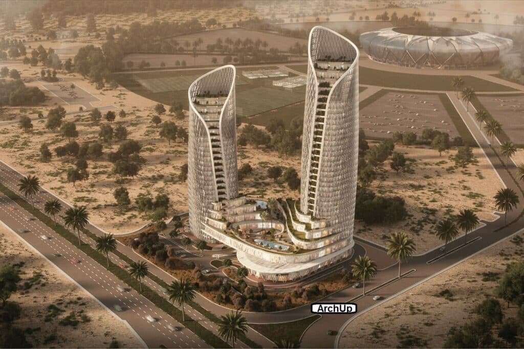 تصميم ثلاثي الأبعاد لبرجين فندقيين قرب مدينة الملك عبدالله الرياضية بارتفاع 147 مترًا