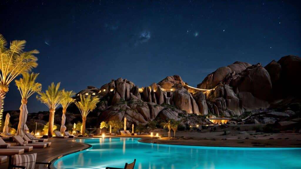 Resort embedded within red rock formations at Desert Rock project in AlUla