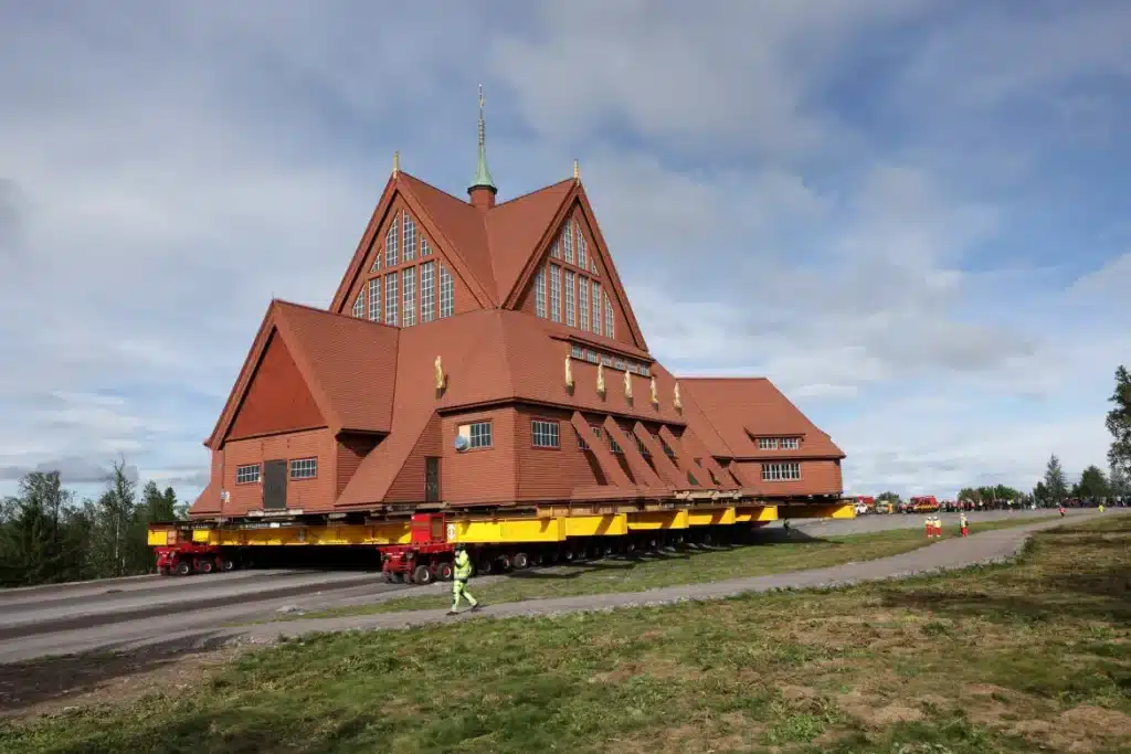 Close-up of Kiruna Church mounted on a transport rig