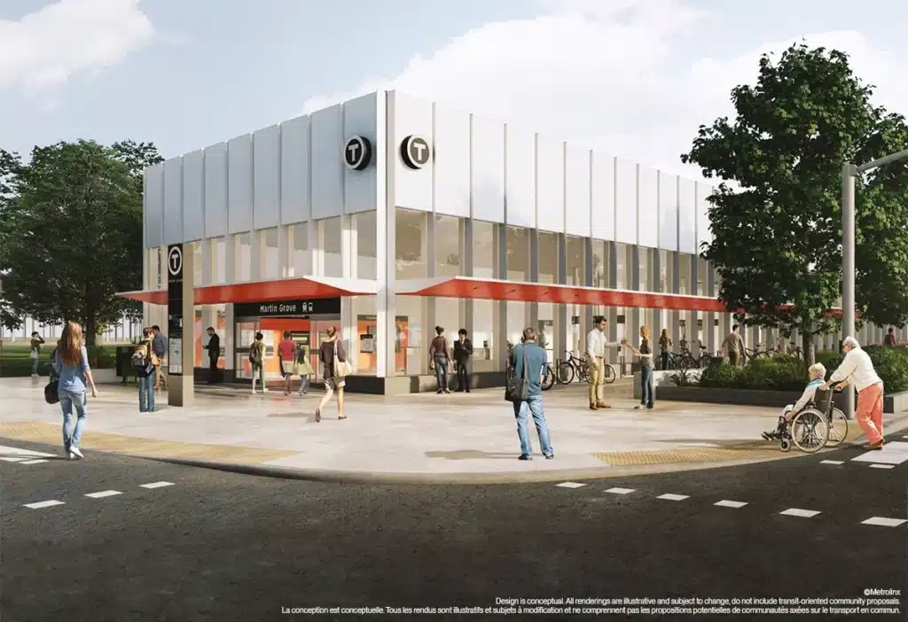 Rendering of an above-ground station from Toronto’s Eglinton extension with a contemporary neutral design.