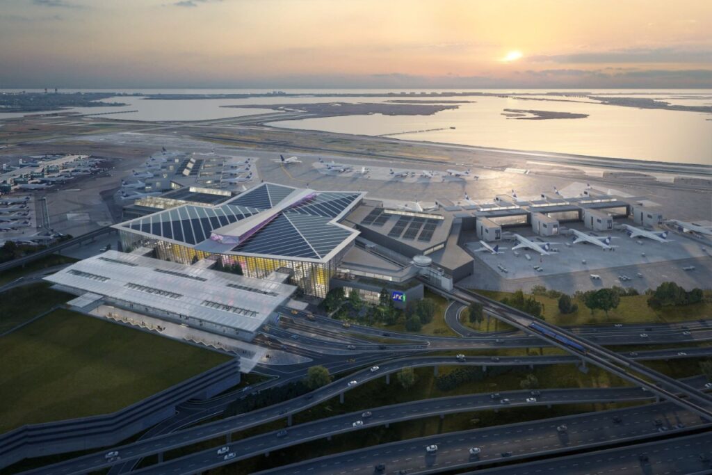 Aerial view of the New Terminal One construction site at JFK Airport, New York
