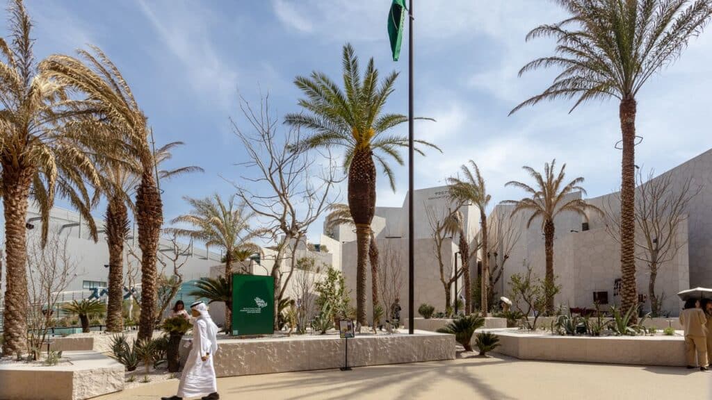 Interior view of the Saudi Pavilion at Expo 2025 Osaka, highlighting open spaces and interactive exhibits.