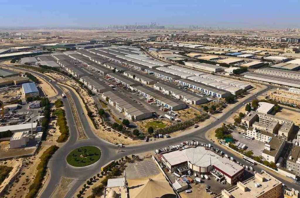 Aerial view of Dubai Investment Park highlighting its industrial clusters and expansive warehouses