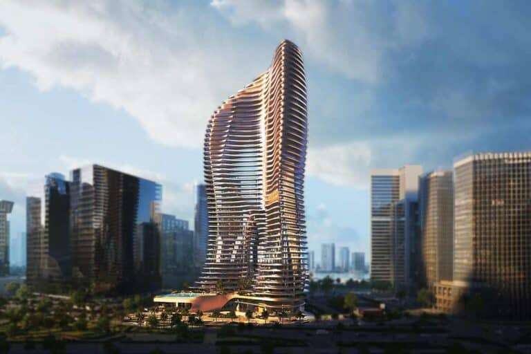 A luxury residential tower dominating Dubai’s skyline, part of the branded residences trend.