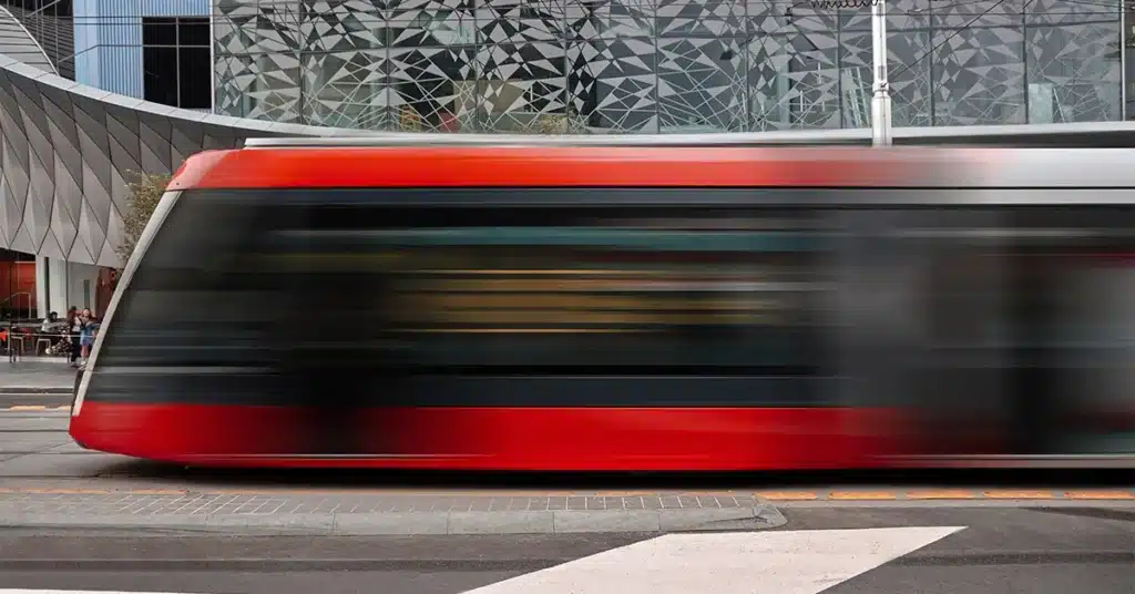 A modern light rail vehicle in motion on Toronto’s Eglinton line extension