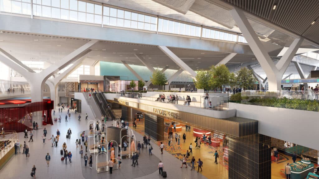 Interior design rendering of retail spaces within New Terminal One at JFK Airport