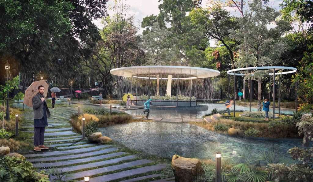 Urban space connecting community activities with clean water access