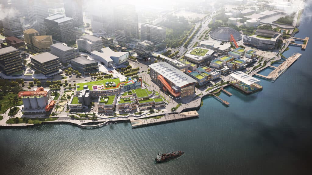 منظر جوي للموقع بأكمله على ضفاف نهر هوانغبو يُظهر تكامل المساحات العامة والمباني المعاد استخدامها