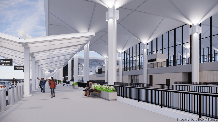 منطقة الوصول والمغادرة المعاد تصميمها بمطار ممفيس، مع مظلات جديدة ومسارات محسّنة للسيارات