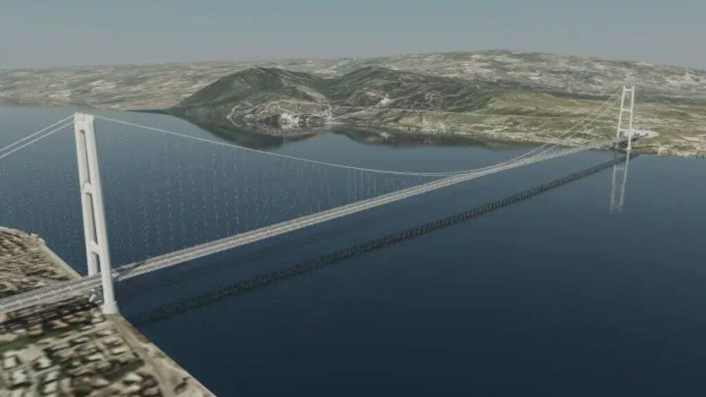 Wide-angle view of the bridge across the strait, illustrating its span from coast to coast within a complex urban and geographic context.