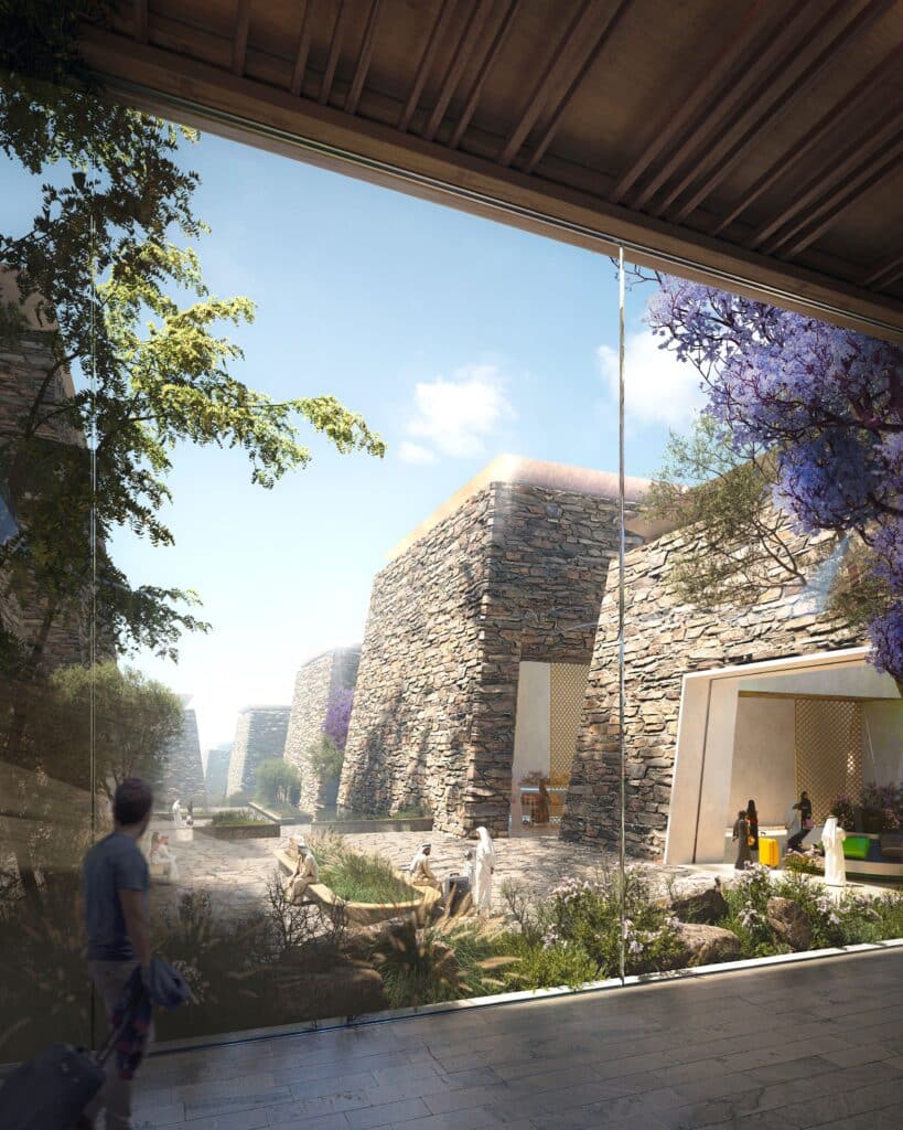 إطلالة من داخل المطار على مباني مستوحاة من العمارة الحجرية التقليدية في منطقة عسير.