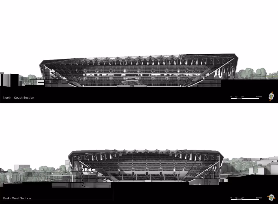 The new stadium surrounded by green walkways and public squares, integrating it into the surrounding urban fabric.