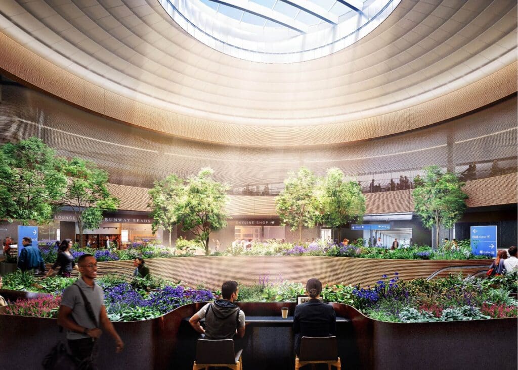 Interior spaces of Concourse D, featuring tree-like structural columns and wooden details that add warmth.