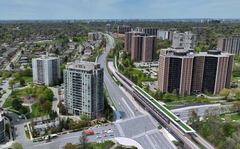 Rendering of the elevated guideway for the Eglinton extension passing over a residential area in Toronto.