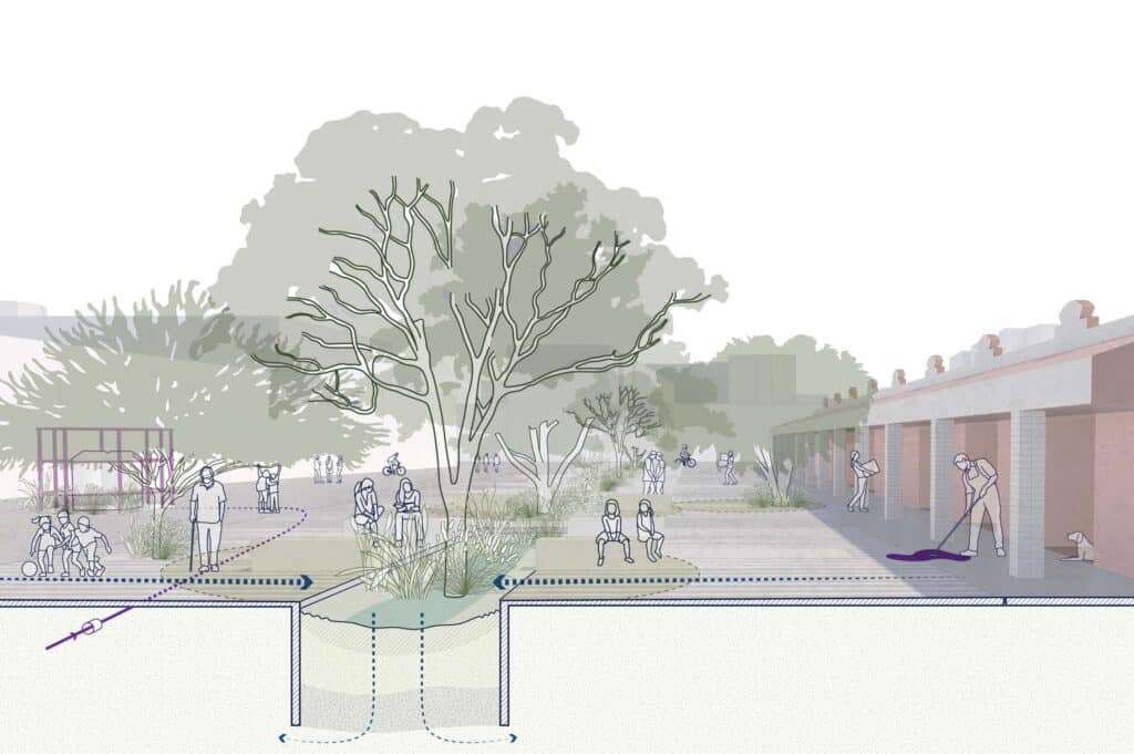 Conceptual drawing showing the integration of water infrastructure with urban space