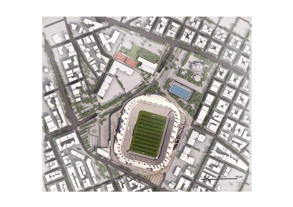 Architectural plan of the stadium showing the circular podium, civic plaza, and surrounding zones.