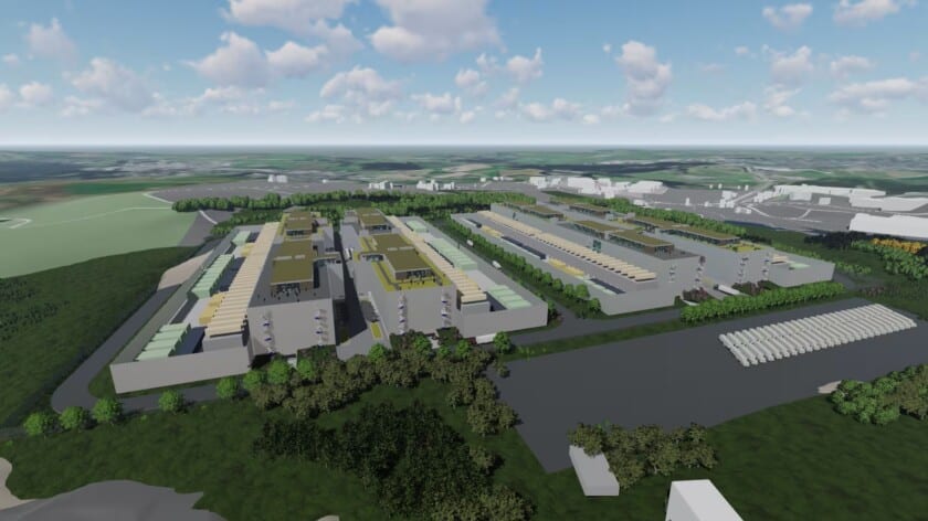 منظر خارجي لمركز بيانات عالي الكثافة محاط بعناصر طبيعية