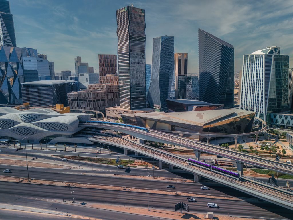 Aerial view of the elevated monorail track within King Abdullah Financial District