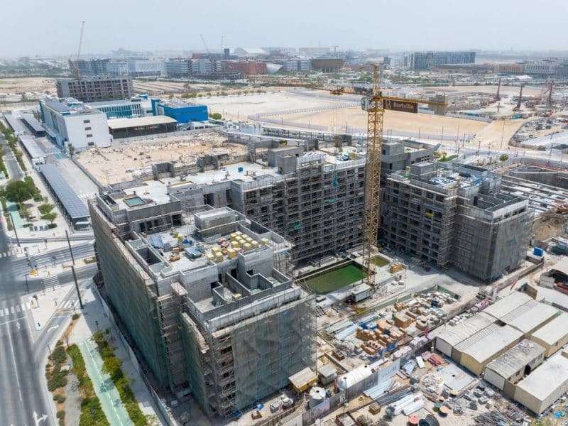 Close-up of a residential building under construction in Abu Dhabi, August 2025
