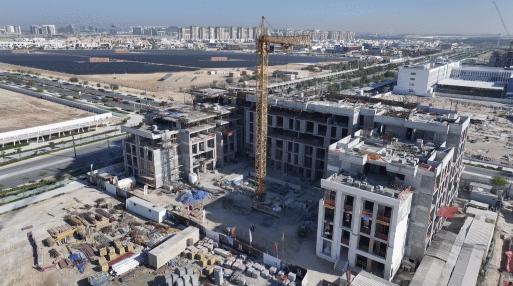 Concrete structure of Ville 11 project in Masdar City, Abu Dhabi, August 2025