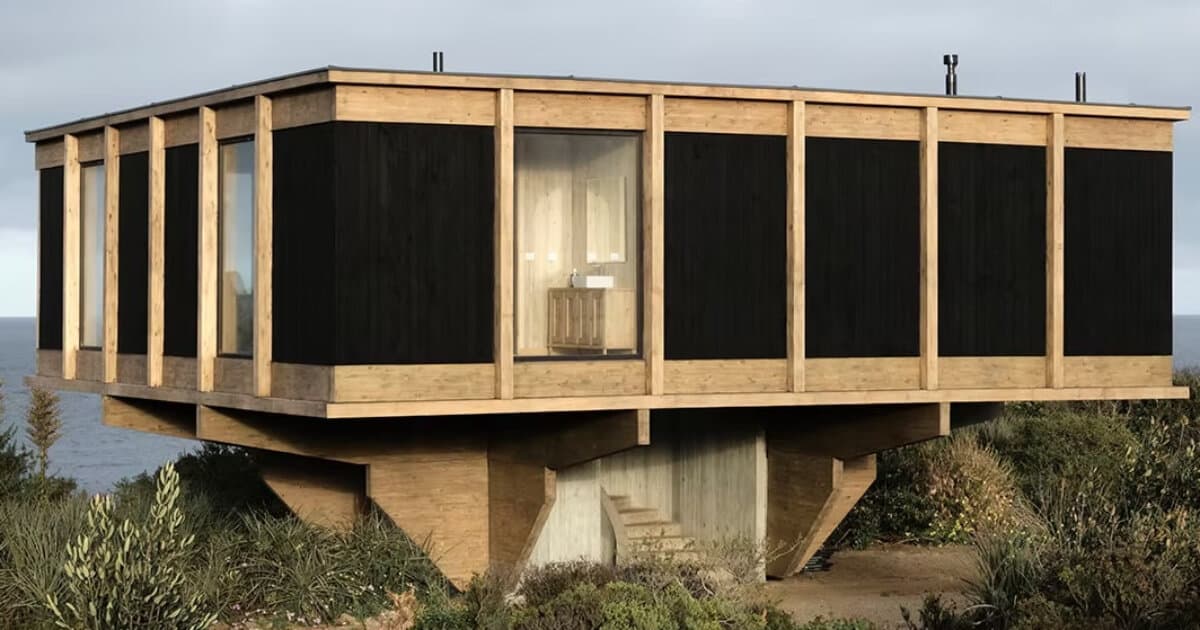 عوارض خشبية تجلس فوق الدرج الحلزوني الخرساني في Casa CG المرتفع من Lote Studio في تشيلي