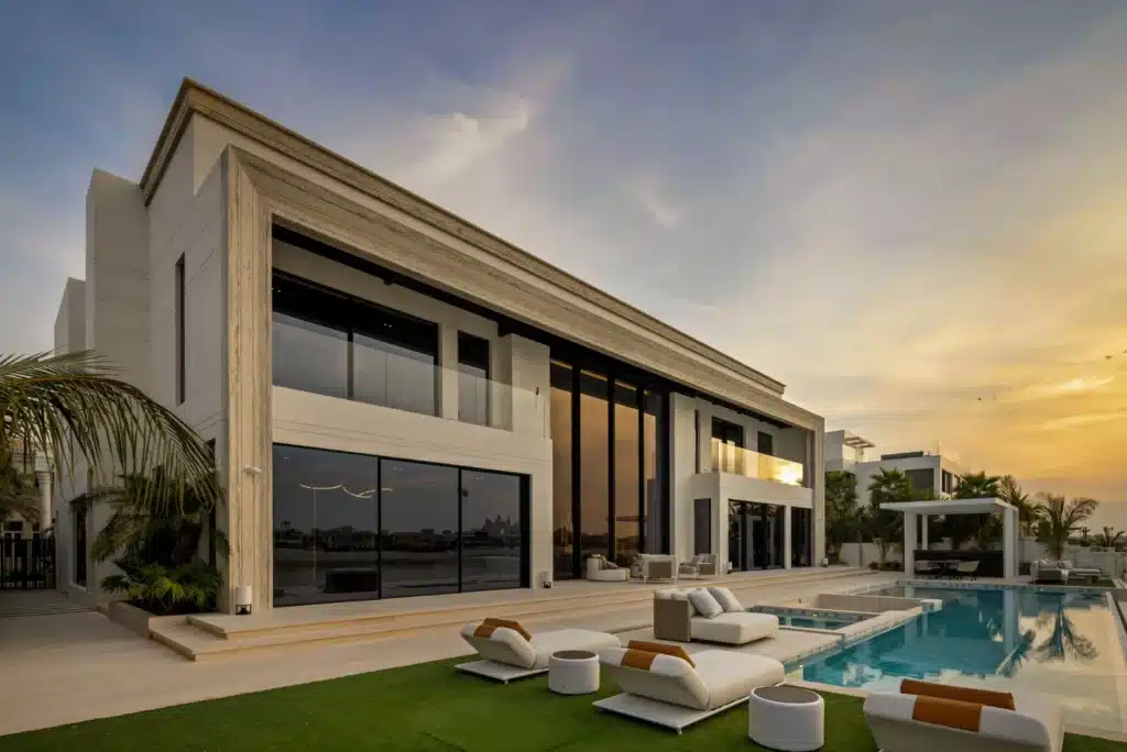 Luxury contemporary villa on Palm Jumeirah at sunset