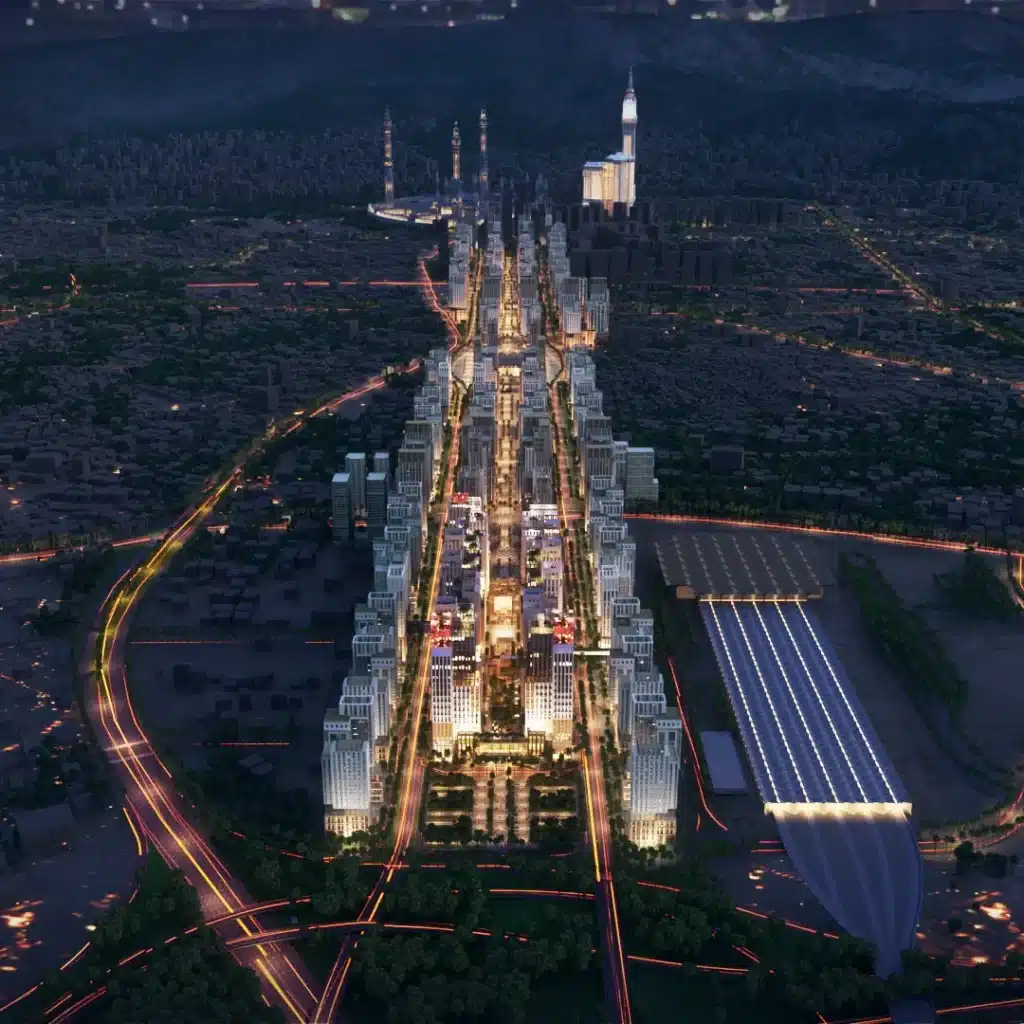 منظر جوي لمدينة مكة المكرمة يظهر التوسع العمراني والمشاريع الحديثة.