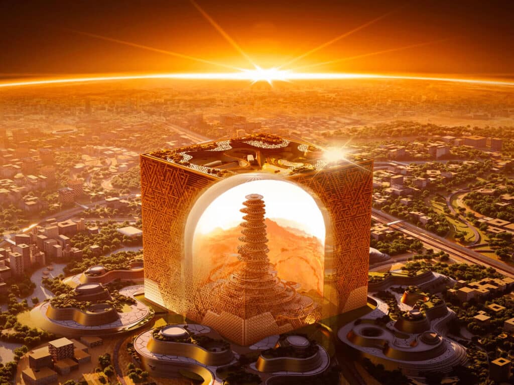Artistic rendering of the Mukaab project in Riyadh, highlighting the massive cubic structure and its geometric dimensions