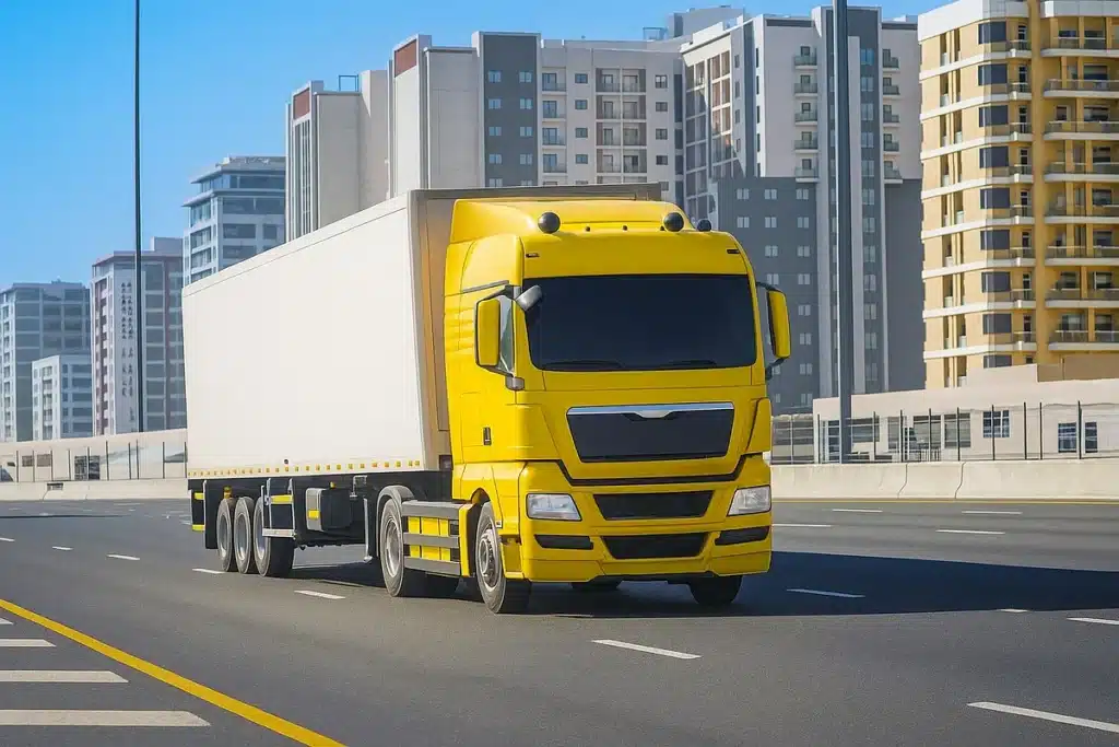 A bright yellow autonomous heavy truck cruising on a modern highway in Dubai, with sleek high-rise buildings in the background under a clear blue sky.