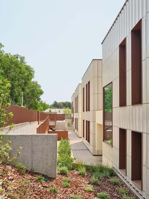 A serene internal pathway between modern residential units with geometric facades, featuring light beige glazed tiles and dark vertical openings, surrounded by native plants and wood-chip ground cover.