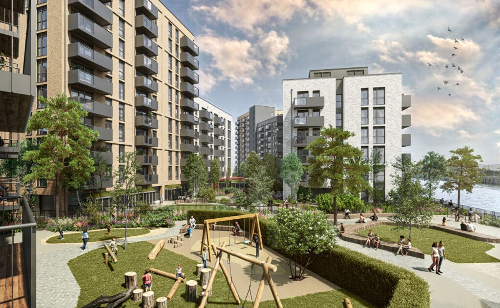 General view of the Amharc Atalia residential project at Galway inner harbour with green spaces and coastal walkway