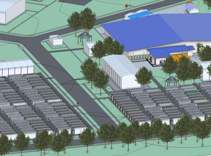 3D rendering of a modular camp with prefabricated housing units in Papua Barat