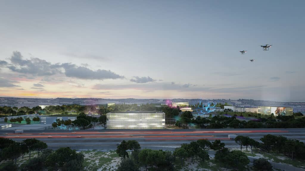 A futuristic cityscape at dusk, featuring modern glass buildings nestled among lush greenery, with light trails from traffic on a highway in the foreground and drones flying overhead.